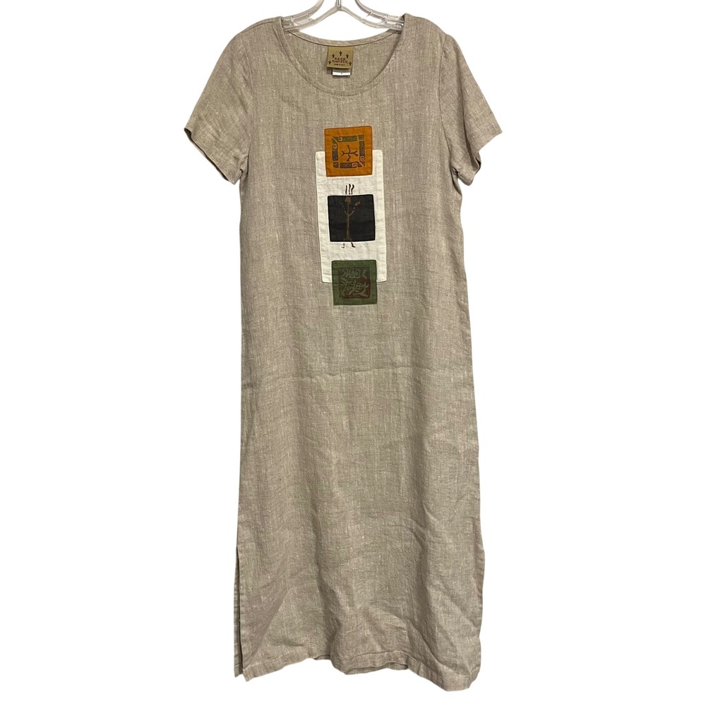 Blue Cactus Maxi Dress Short Sleeve 100% Linen Flax Beige Small Lagenlook Artsy